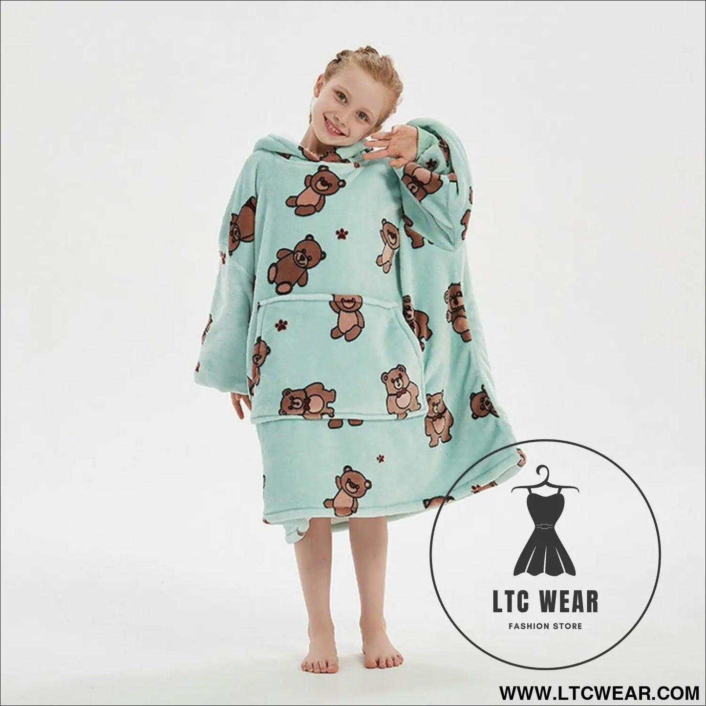 Kids unisex winter warm double layers sherpa fleece tv pocket hoodies blanket hoodie snuggle with sleeves - bear / kids