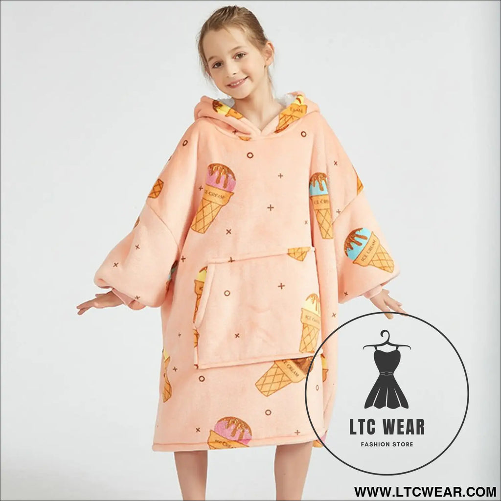 Kids unisex winter warm double layers sherpa fleece tv pocket hoodies blanket hoodie snuggle with sleeves - pink ice