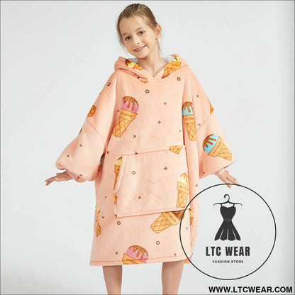 Kids unisex winter warm double layers sherpa fleece tv pocket hoodies blanket hoodie snuggle with sleeves - pink ice