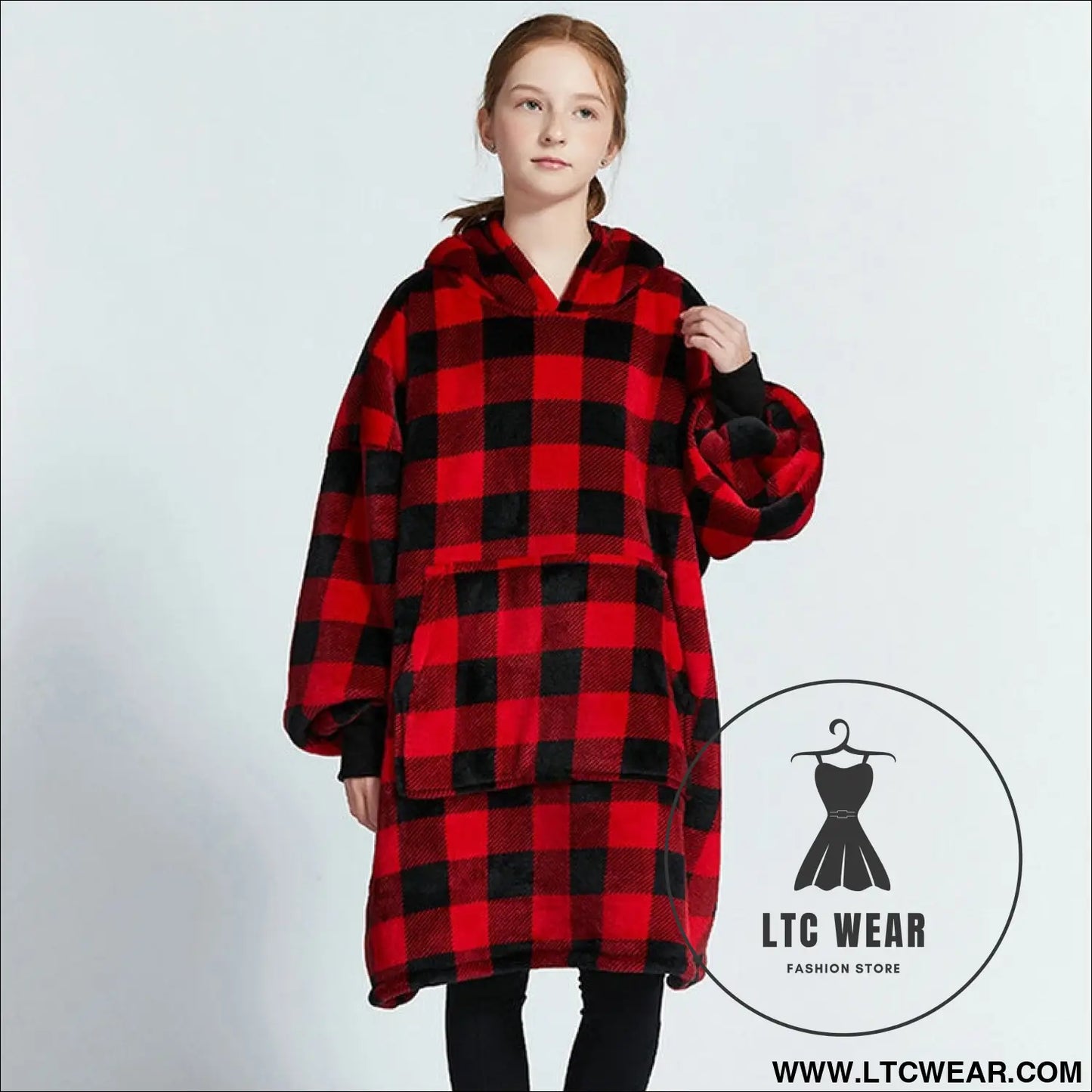Kids unisex winter warm double layers sherpa fleece tv pocket hoodies blanket hoodie snuggle with sleeves - red