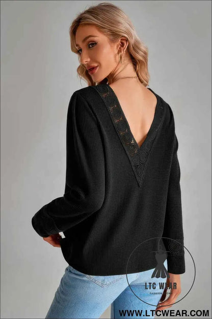Knit Solid Double Wearing Lace V Neck Loose Top