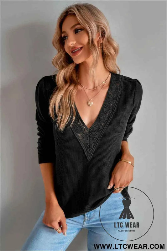 Knit Solid Double Wearing Lace V Neck Loose Top