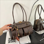 Korean-style retro shoulder bag fashion trendy casual boston bag stylish bowling bag - coffee brownpendant