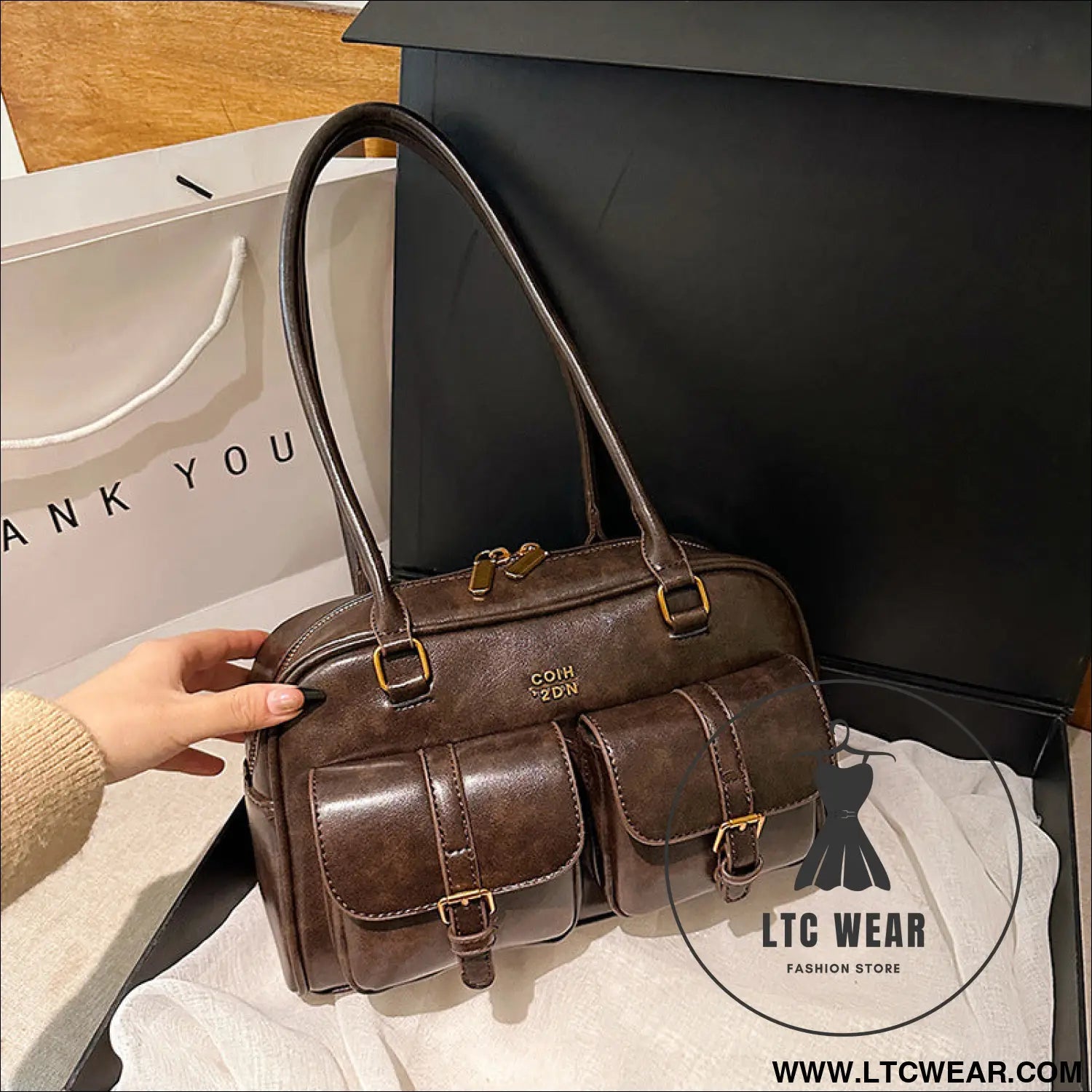 Korean-style retro shoulder bag fashion trendy casual boston bag stylish bowling bag - coffee brown