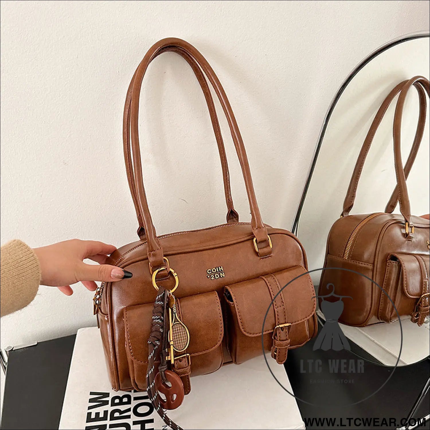 Korean-style retro shoulder bag fashion trendy casual boston bag stylish bowling bag - brown pendant