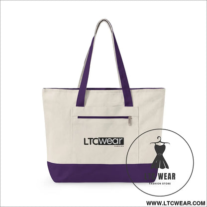 L.t.c wear canvas tote bag zippered market tote - 18’’ x 14’’ x 4.5’’ / natural/purple - bags