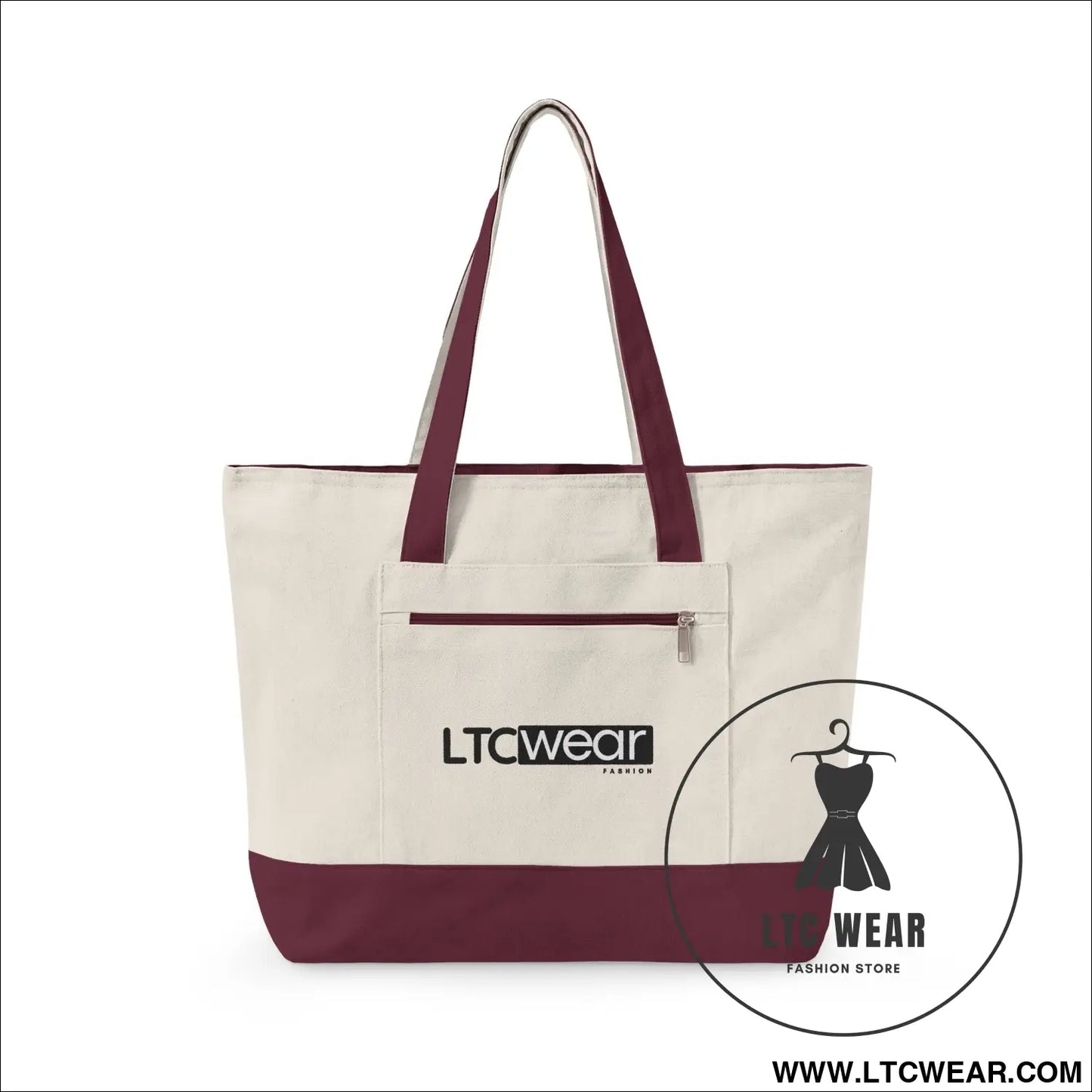 L.t.c wear canvas tote bag zippered market tote - 18’’ x 14’’ x 4.5’’ / natural/maroon - bags