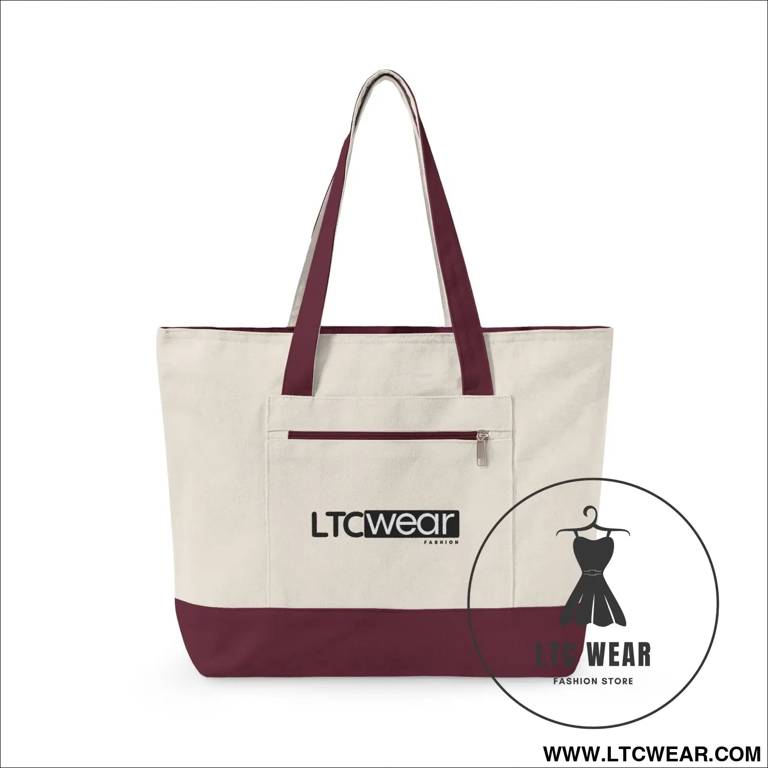 L.t.c wear canvas tote bag zippered market tote - 18’’ x 14’’ x 4.5’’ / natural/maroon - bags
