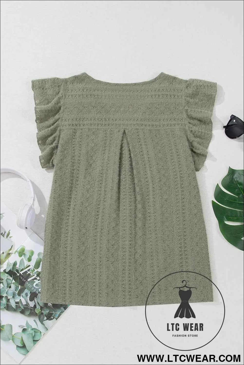 Laurel Green Flutter Sleeve V Neck Shirt