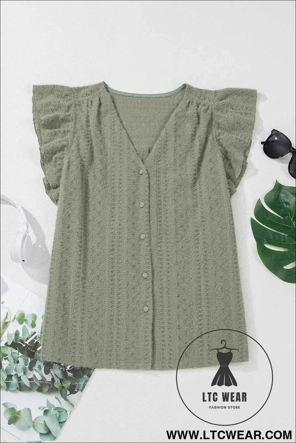 Laurel Green Flutter Sleeve V Neck Shirt