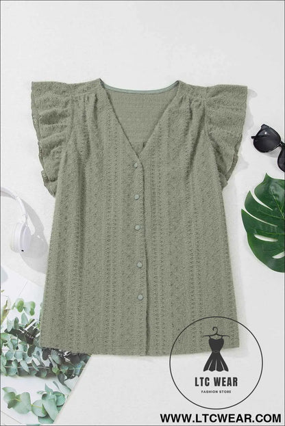 Laurel Green Flutter Sleeve V Neck Shirt
