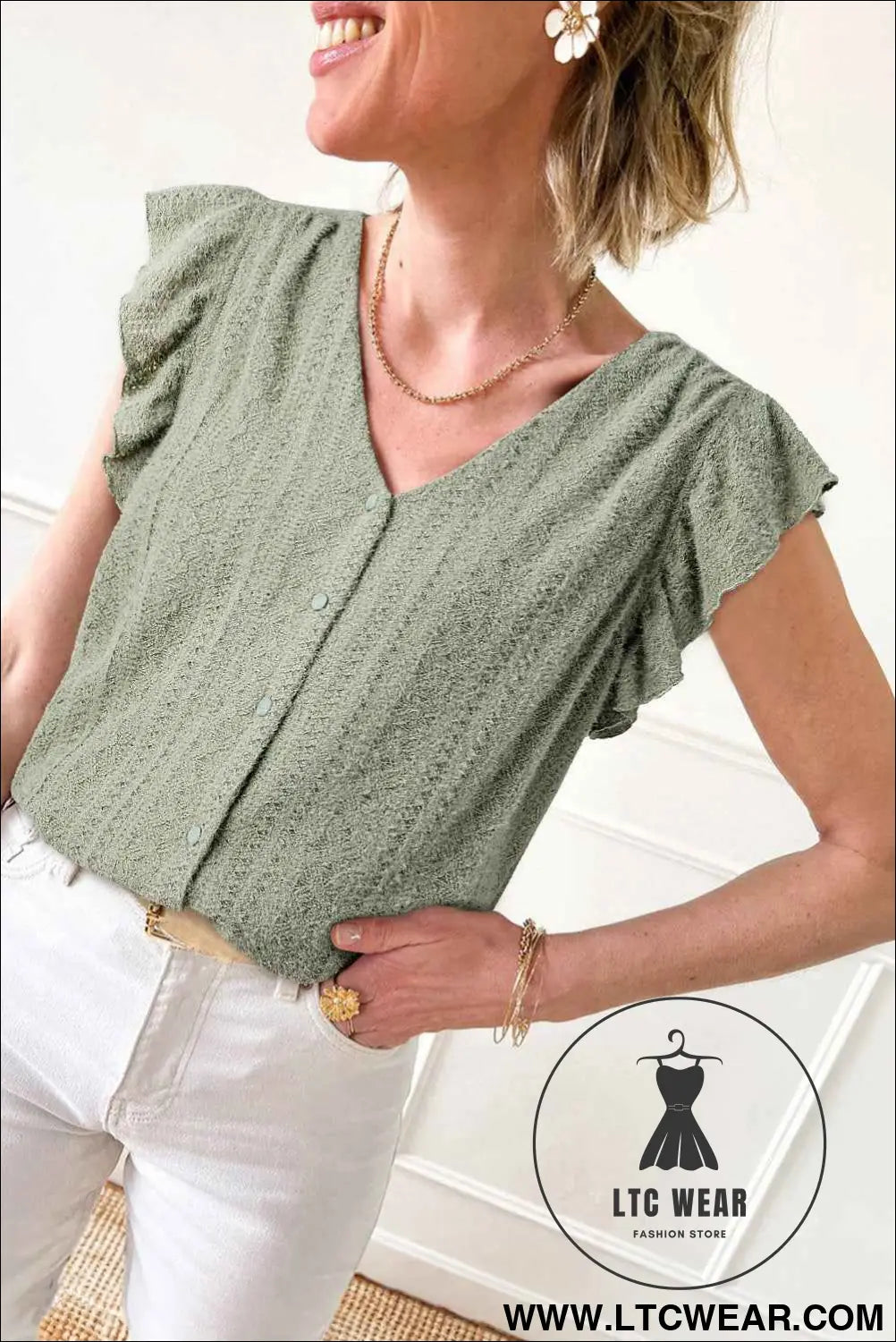 Laurel Green Flutter Sleeve V Neck Shirt