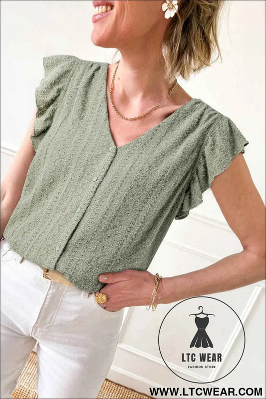 Laurel Green Flutter Sleeve V Neck Shirt