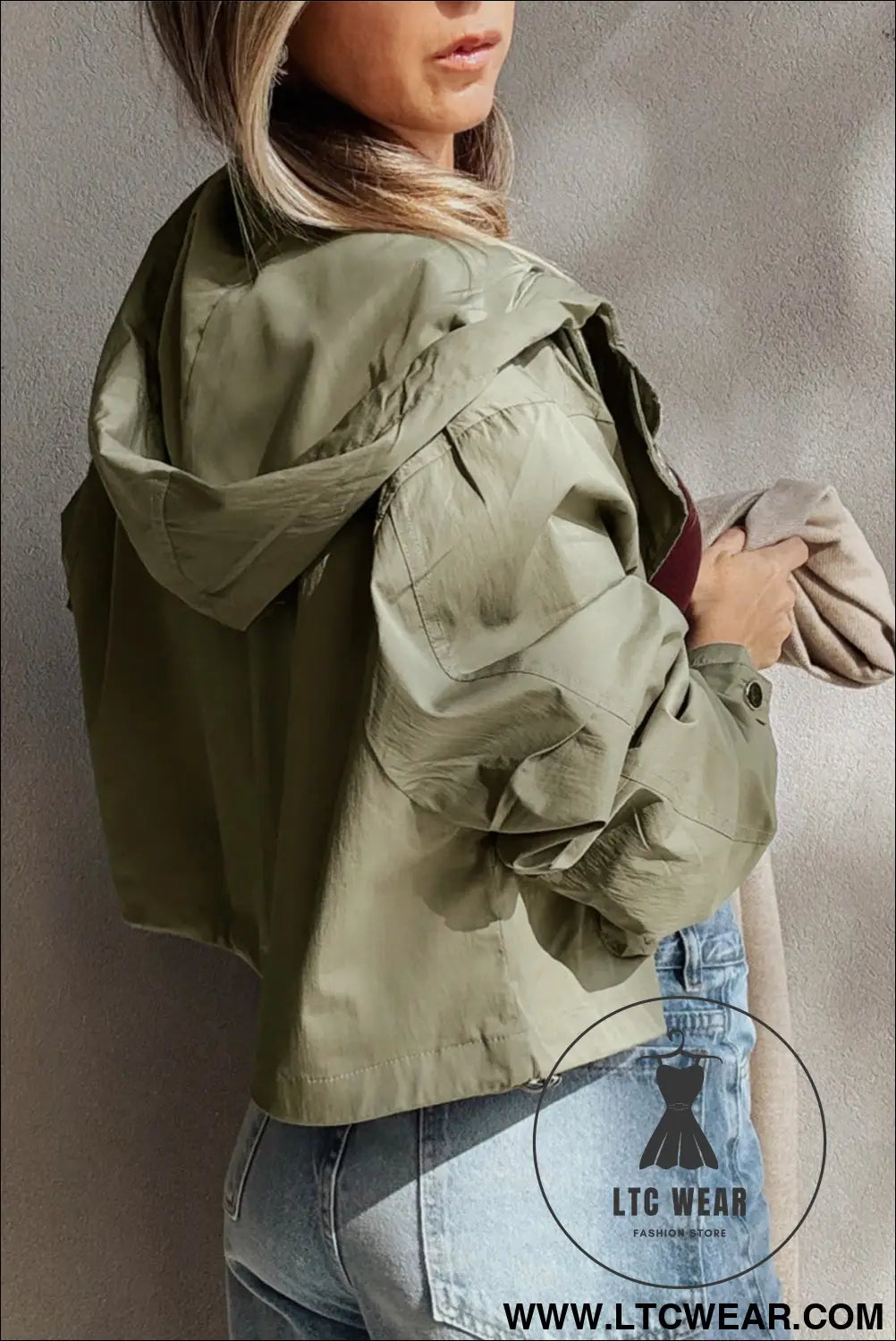 Laurel green zipped pocket cropped hooded utility jacket - 15%