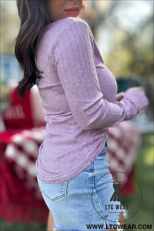 Lavendula Long Sleeve Ribbed Top Round Neck Fitted Waist Casual T-Shirt
