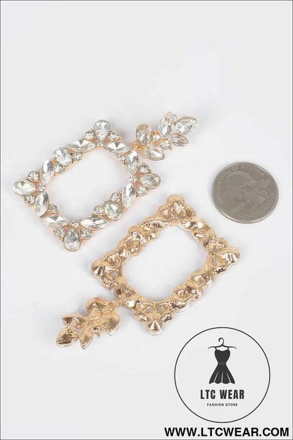 Leaf Rectangle Dangle Rhinestone Earring