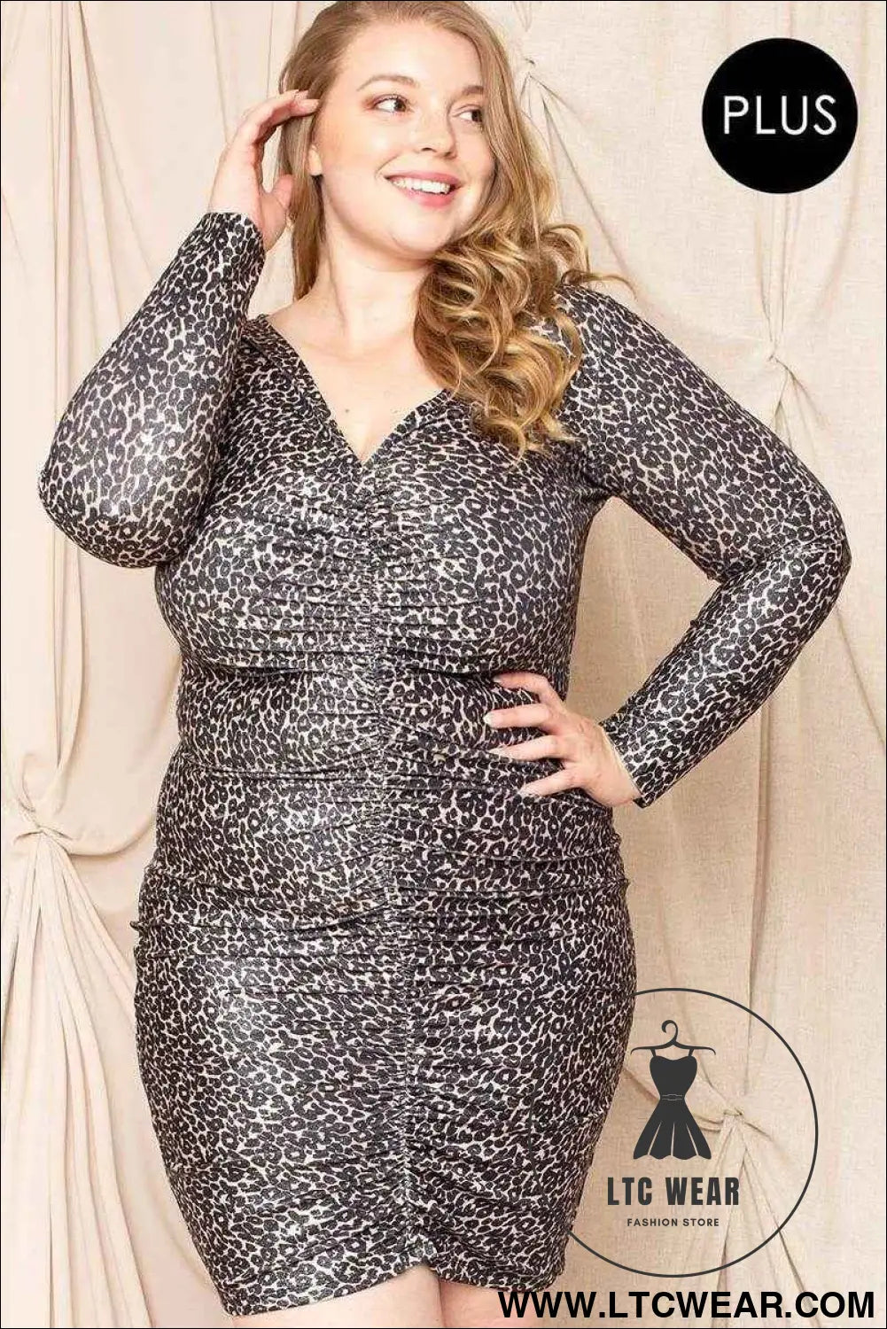 Leopard Print Shirring Plus Size Mini Dress