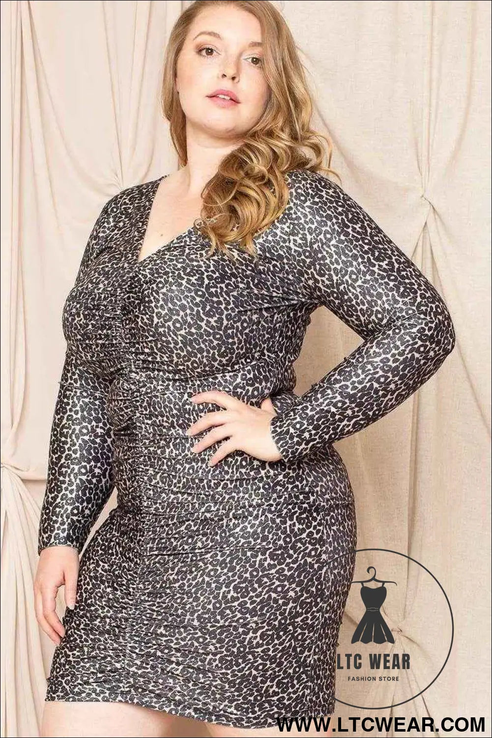 Leopard Print Shirring Plus Size Mini Dress