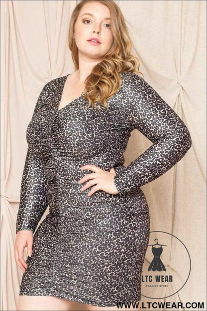 Leopard Print Shirring Plus Size Mini Dress