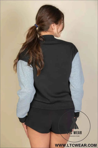 Letter Patched Striped Trim Varsity Jacket