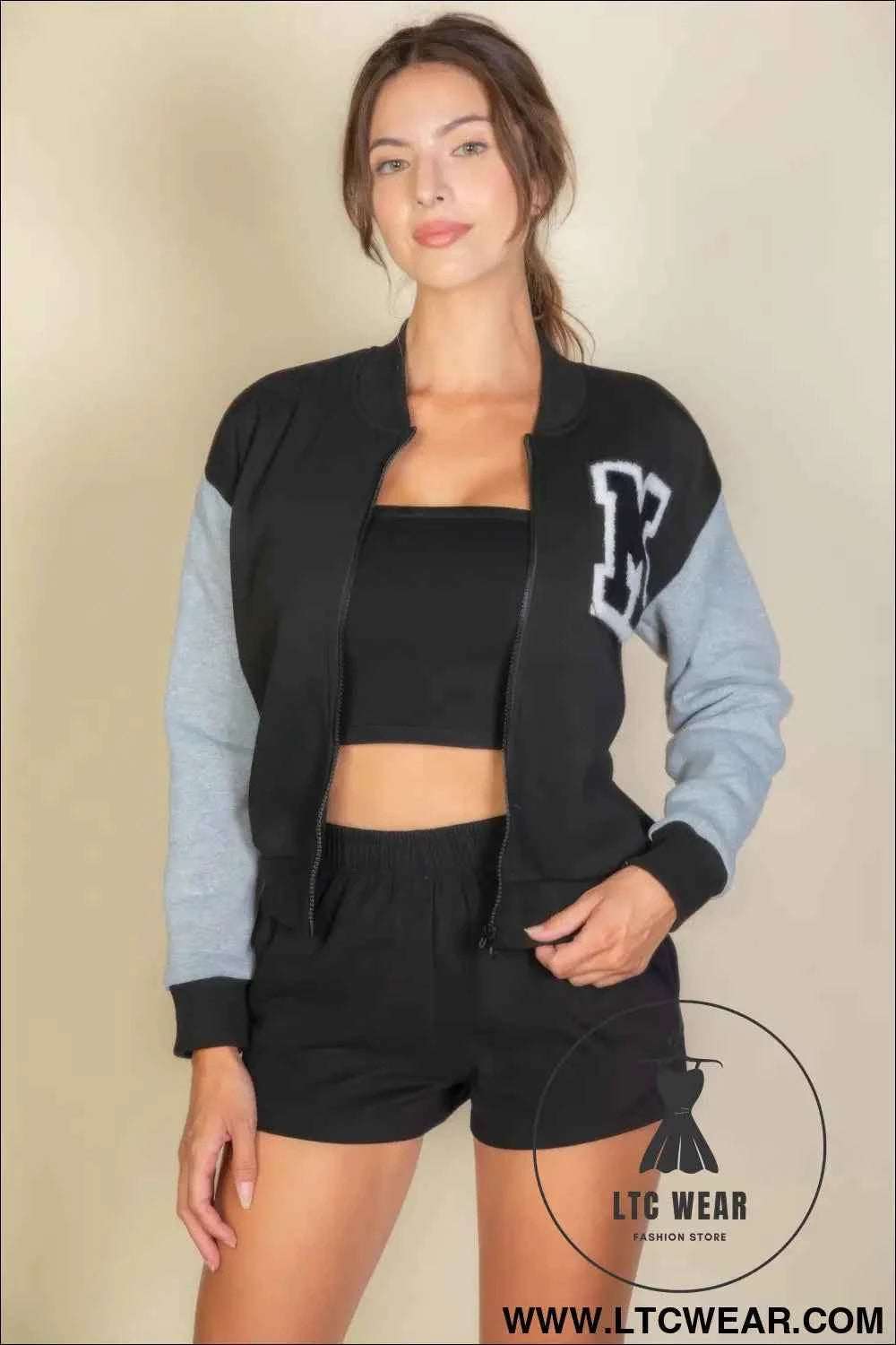 Letter Patched Striped Trim Varsity Jacket