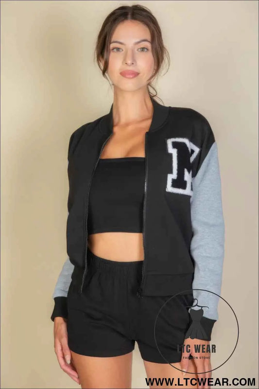 Letter Patched Striped Trim Varsity Jacket