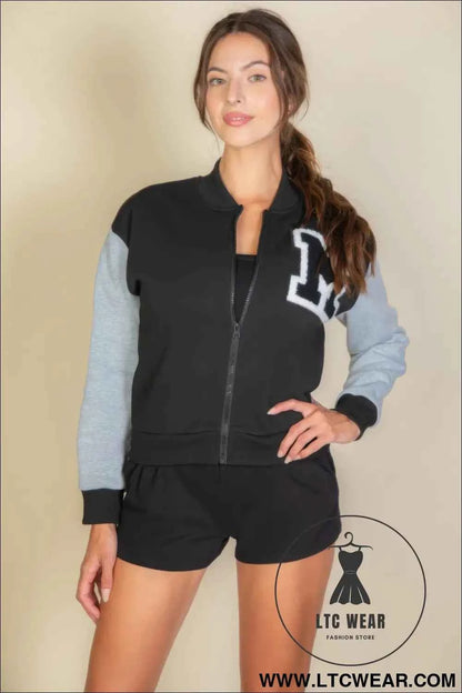 Letter Patched Striped Trim Varsity Jacket