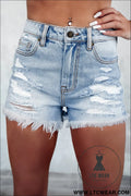 Light blue distressed ripped raw hem high waist denim shorts - light blue / 10 / 55% cotton + 42% viscose + 3% elastane