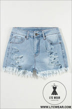 Light blue distressed ripped raw hem high waist denim shorts - denim shorts