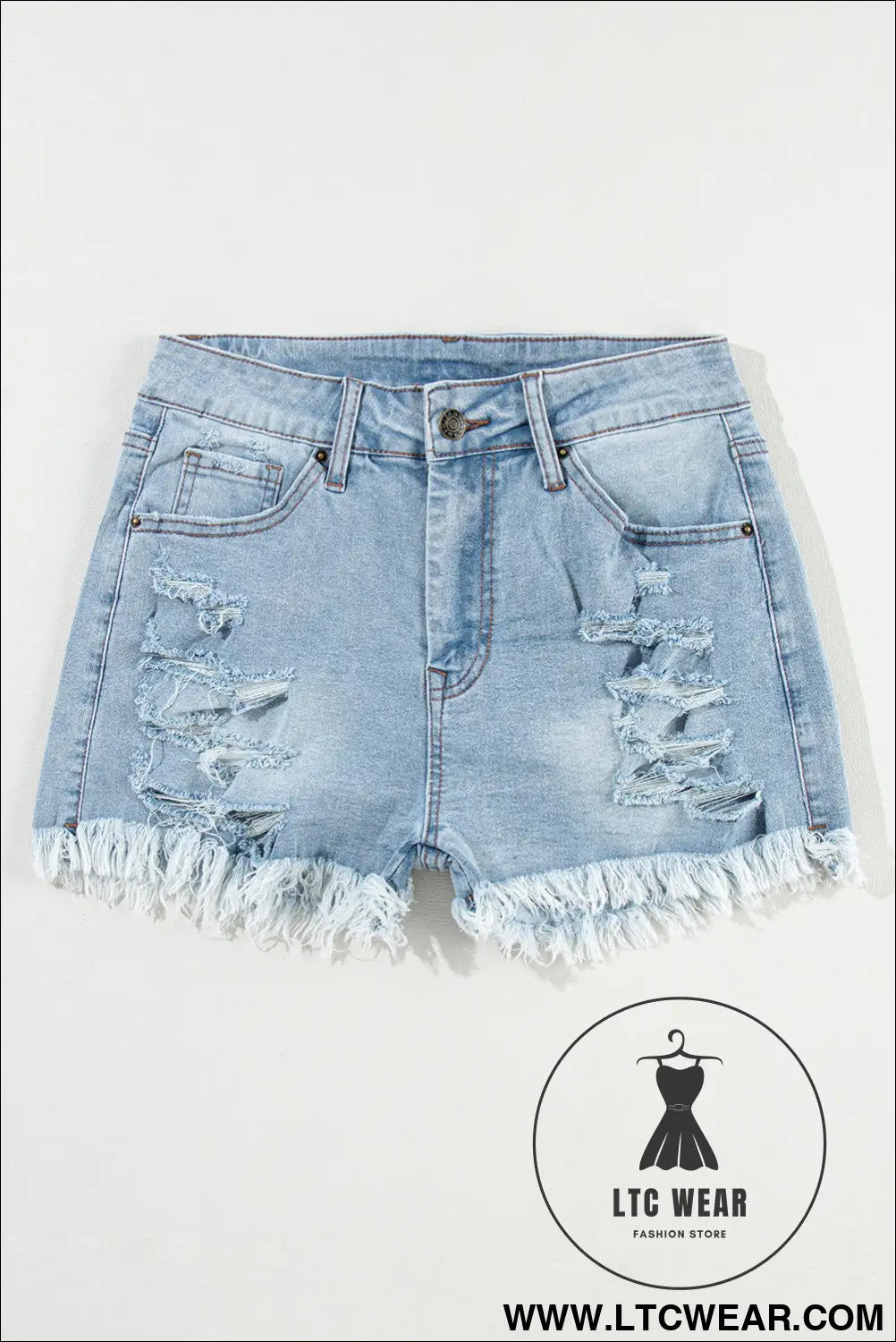 Light blue distressed ripped raw hem high waist denim shorts - denim shorts