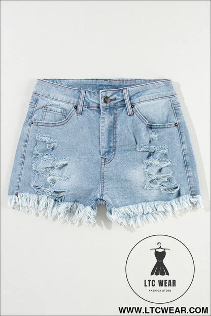 Light blue distressed ripped raw hem high waist denim shorts - denim shorts