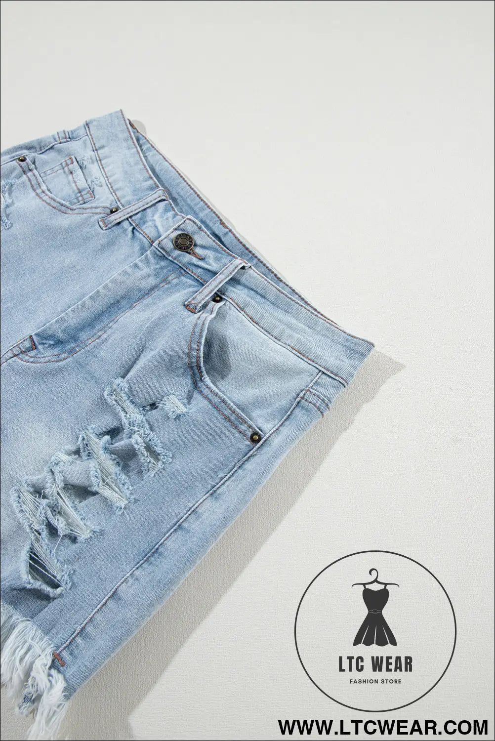 Light blue distressed ripped raw hem high waist denim shorts - denim shorts