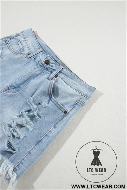 Light blue distressed ripped raw hem high waist denim shorts - denim shorts