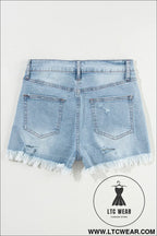 Light blue distressed ripped raw hem high waist denim shorts - denim shorts