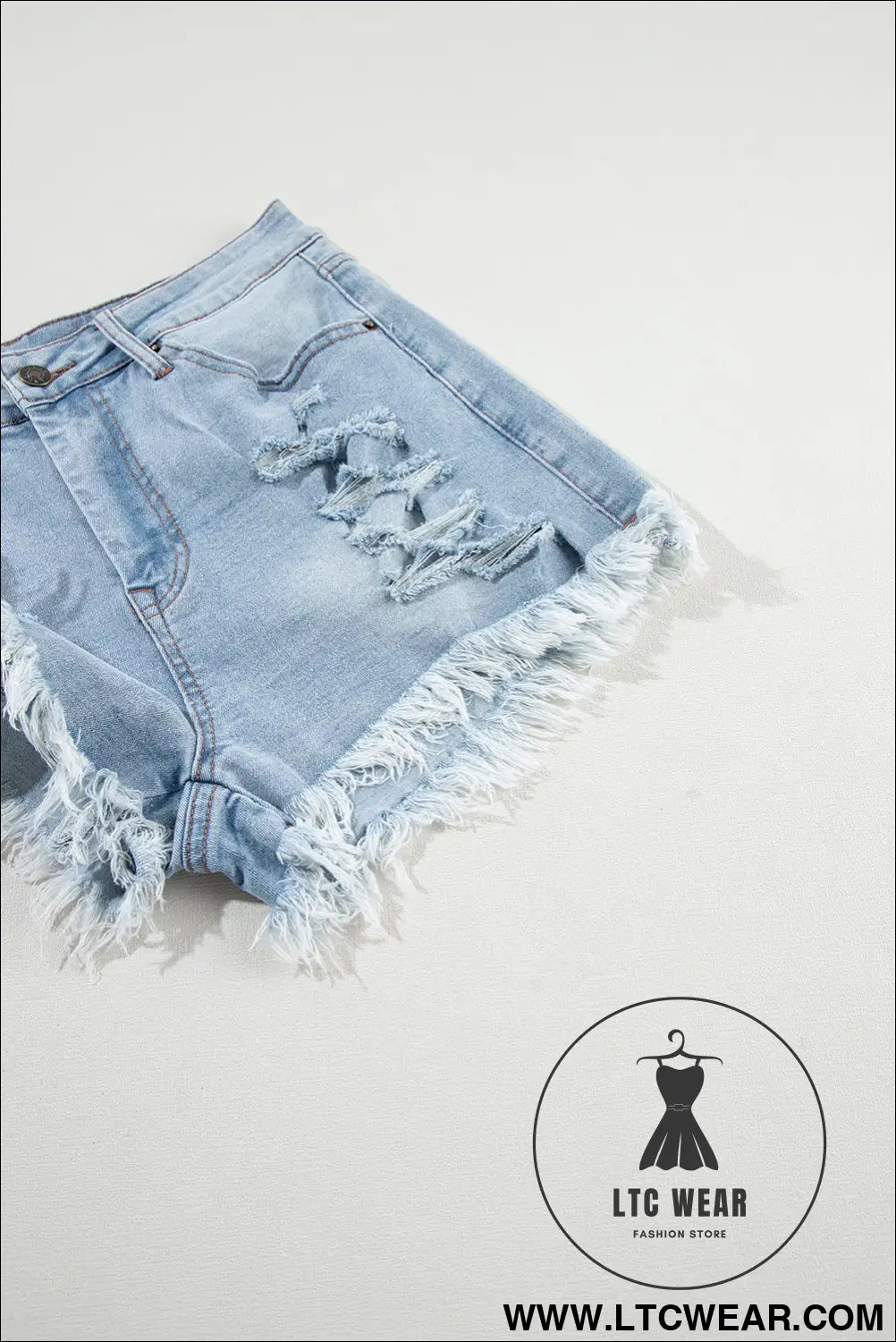 Light blue distressed ripped raw hem high waist denim shorts - denim shorts