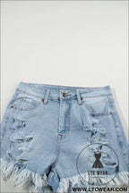 Light blue distressed ripped raw hem high waist denim shorts - denim shorts