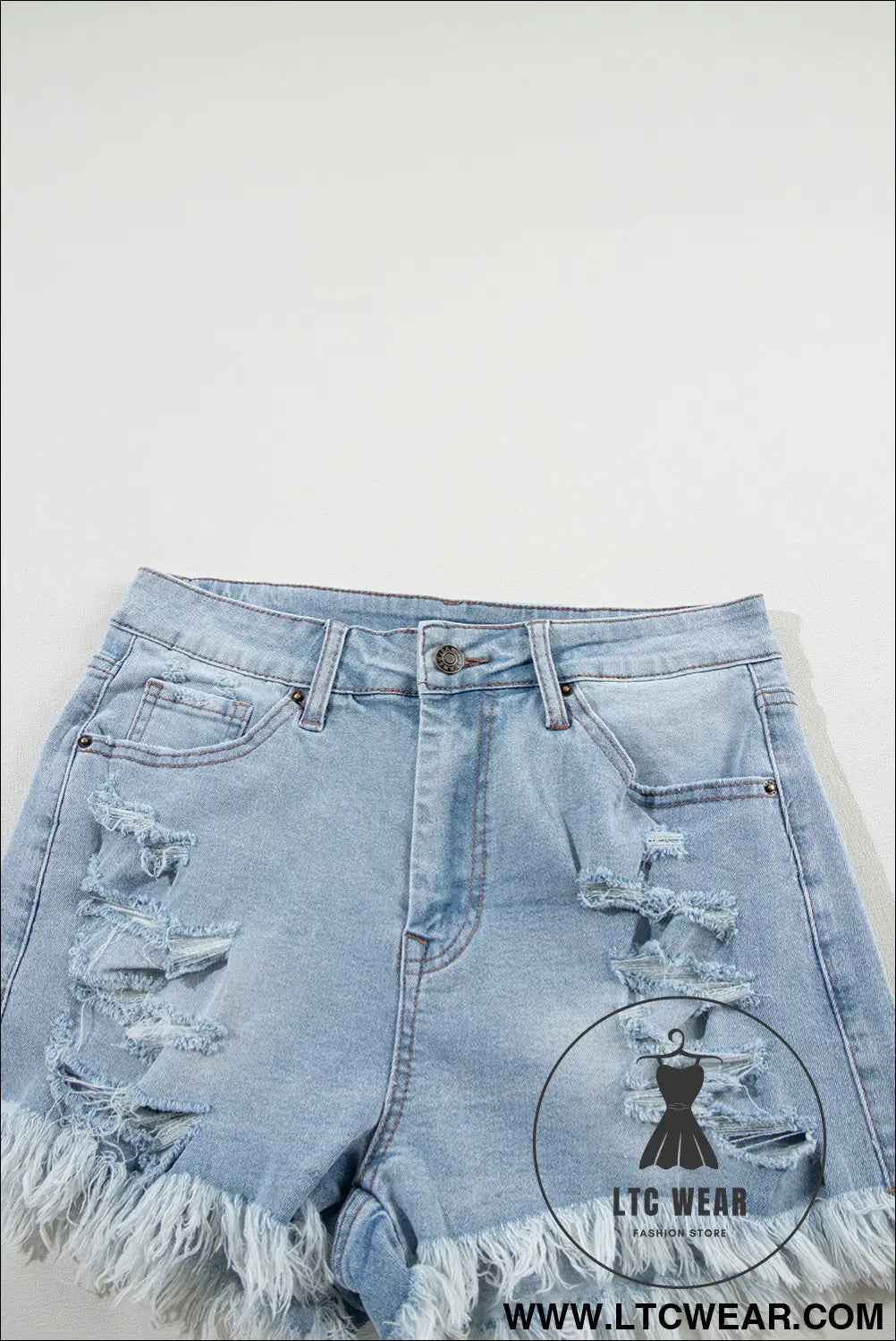 Light blue distressed ripped raw hem high waist denim shorts - denim shorts