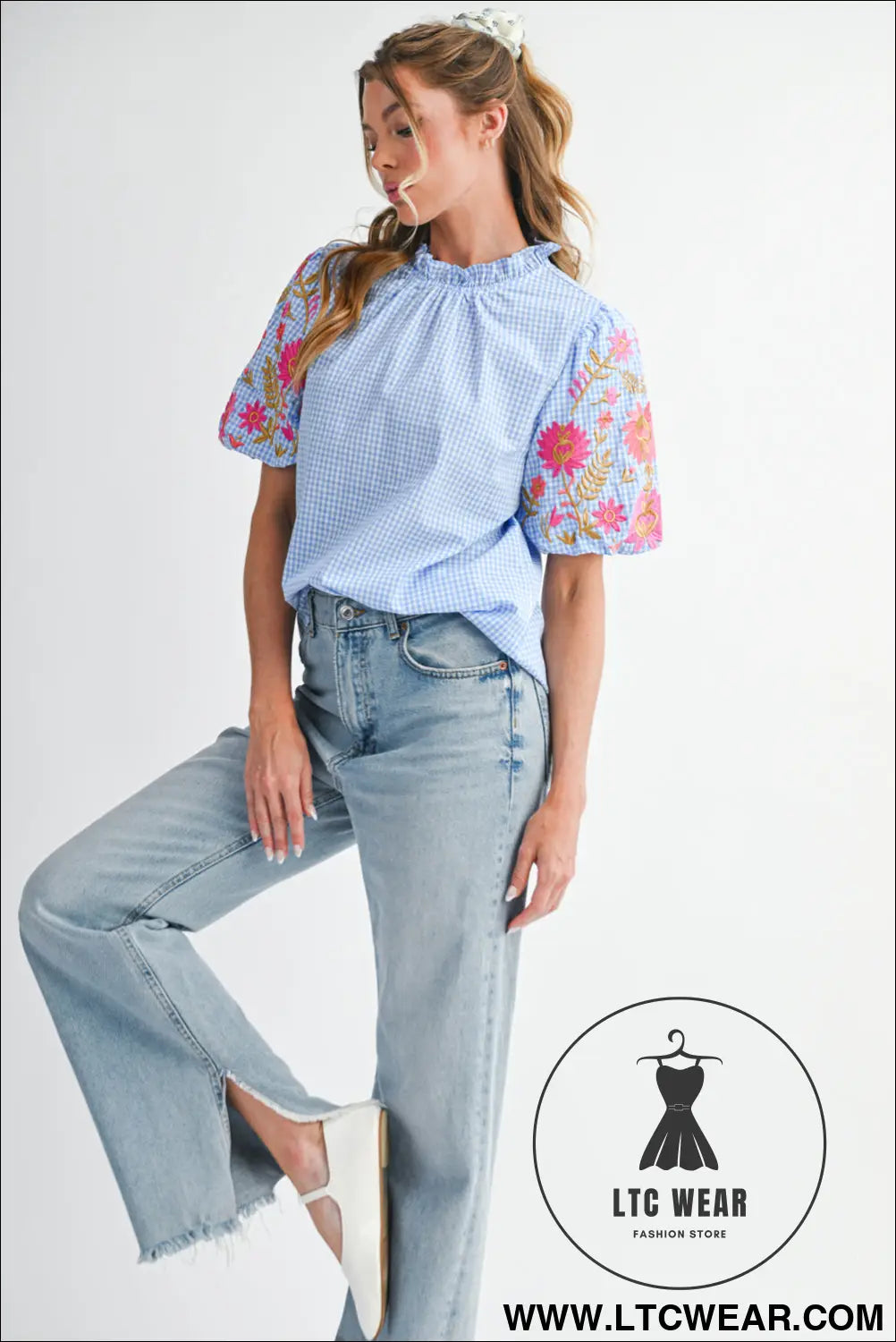 Light blue flower embroidered puff sleeve gingham blouse - blouses & shirts