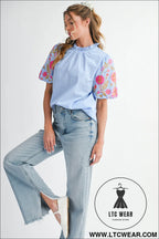 Light blue flower embroidered puff sleeve gingham blouse - blouses & shirts