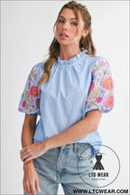 Light blue flower embroidered puff sleeve gingham blouse - blouses & shirts