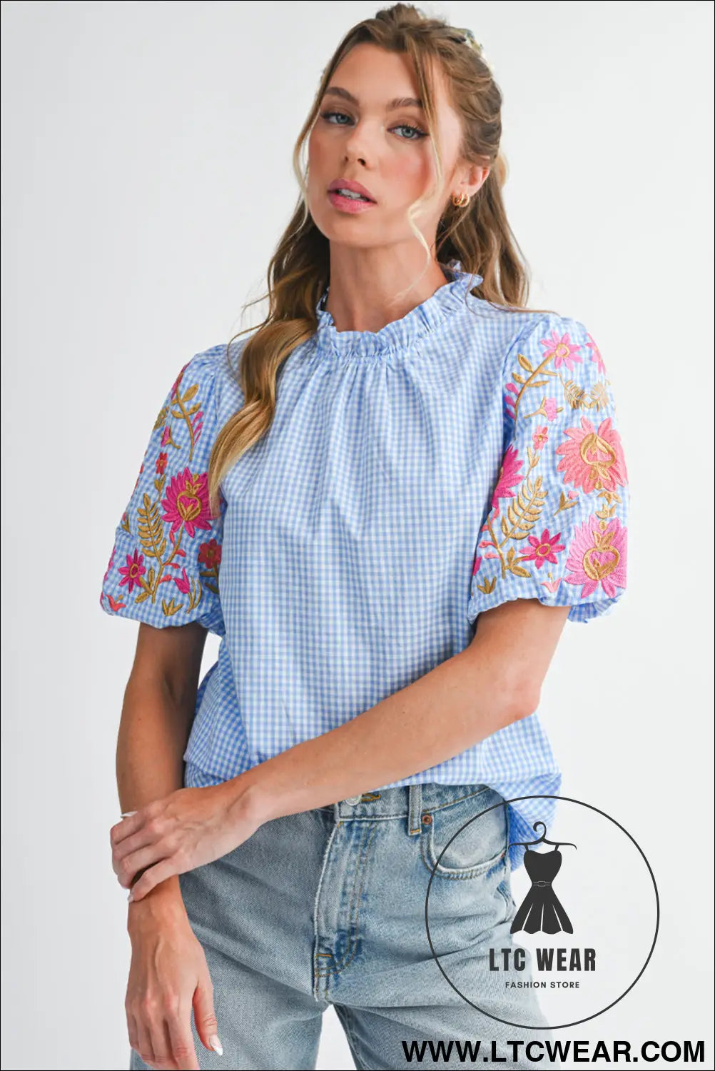 Light blue flower embroidered puff sleeve gingham blouse - blouses & shirts
