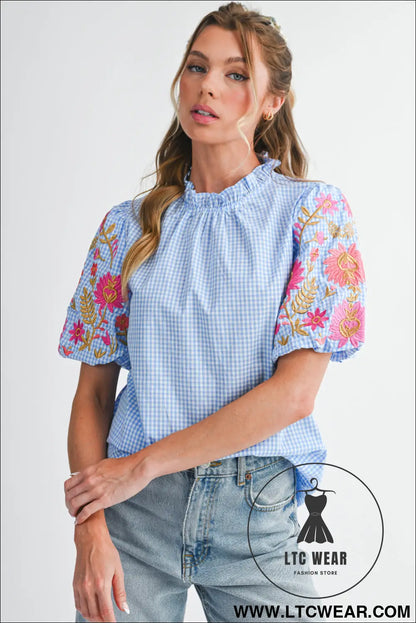 Light blue flower embroidered puff sleeve gingham blouse - blouses & shirts