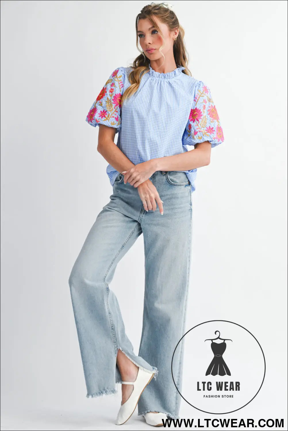 Light blue flower embroidered puff sleeve gingham blouse - blouses & shirts