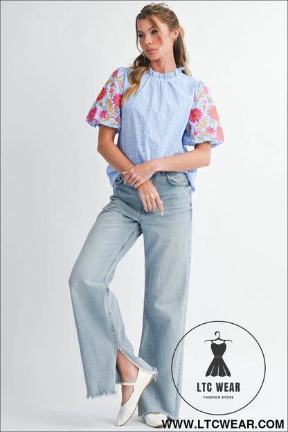 Light blue flower embroidered puff sleeve gingham blouse - blouses & shirts