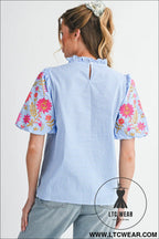 Light blue flower embroidered puff sleeve gingham blouse - blouses & shirts