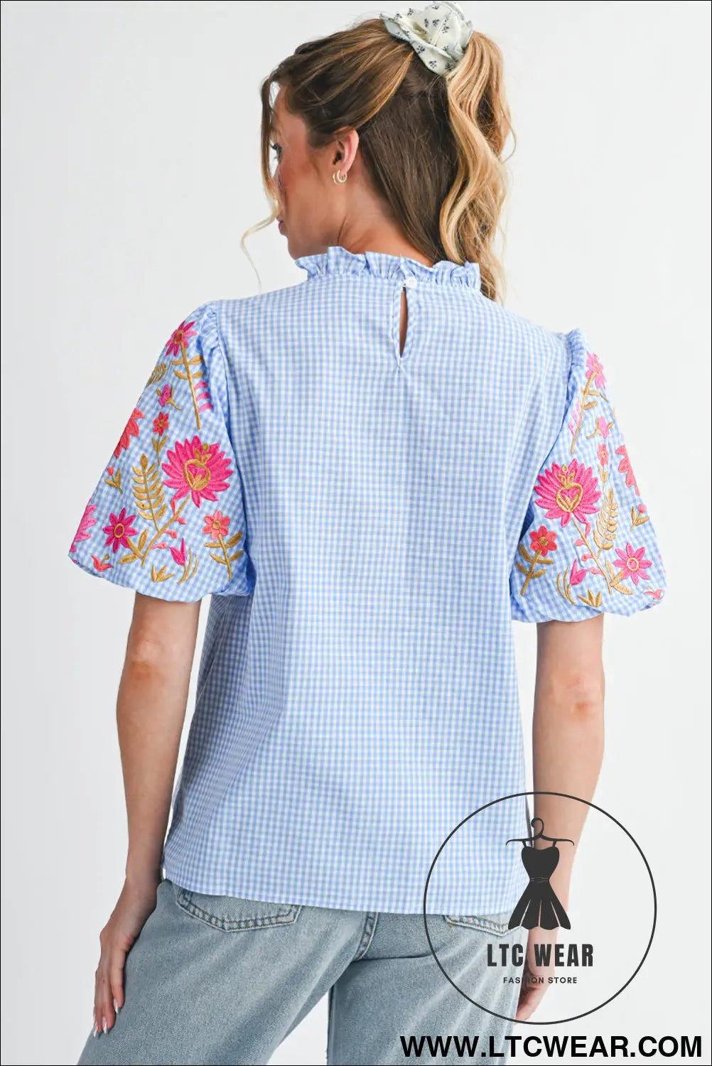 Light blue flower embroidered puff sleeve gingham blouse - blouses & shirts