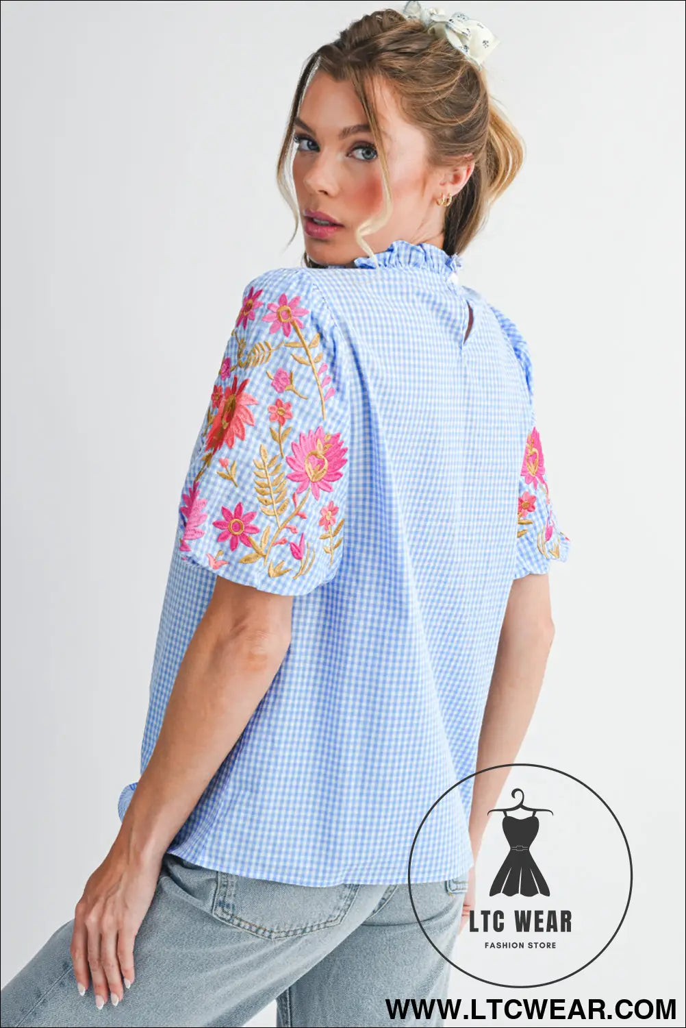 Light blue flower embroidered puff sleeve gingham blouse - blouses & shirts