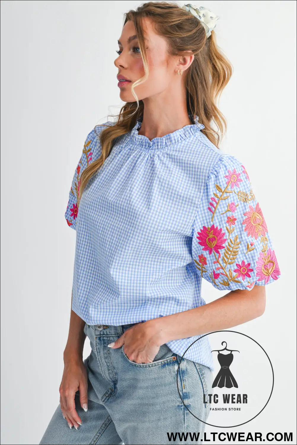Light blue flower embroidered puff sleeve gingham blouse - blouses & shirts