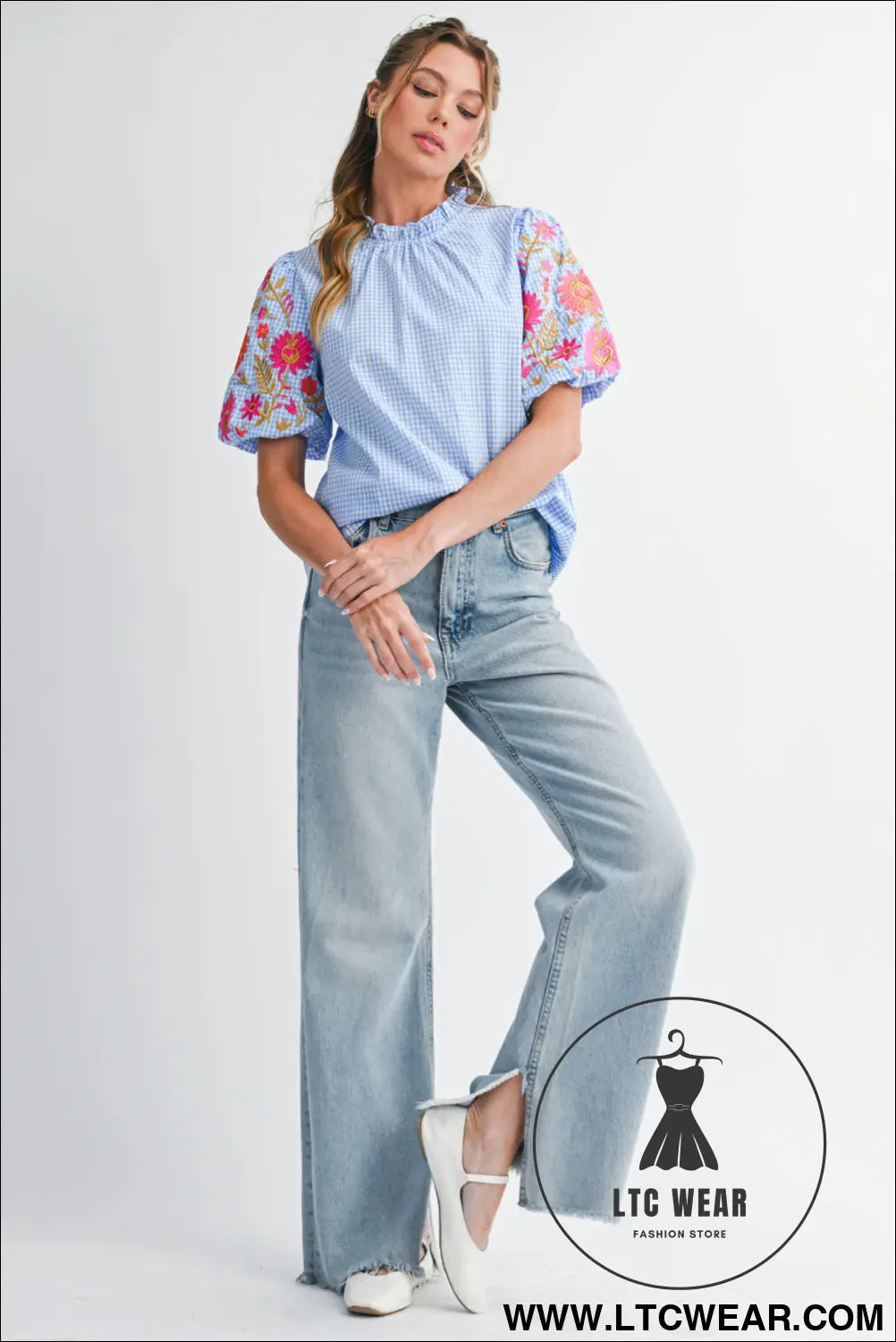 Light blue flower embroidered puff sleeve gingham blouse - blouses & shirts