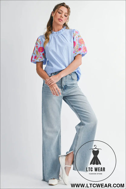 Light blue flower embroidered puff sleeve gingham blouse - blouses & shirts